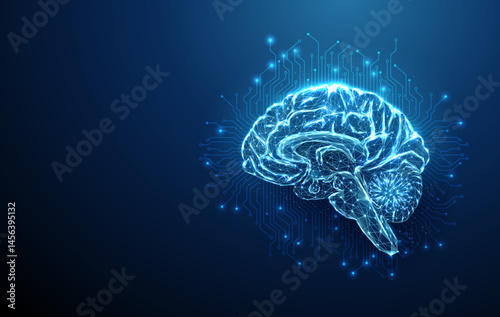 Futuristic human brain with electronic circuit lines background. Artificial intelligence, machine learning concept. Wireframe low poly style.