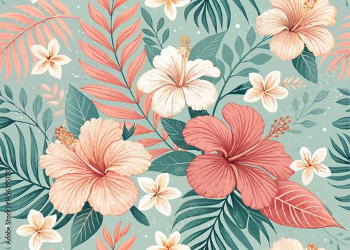 Seamless pattern of hibiscus and plumeria tropical flowers