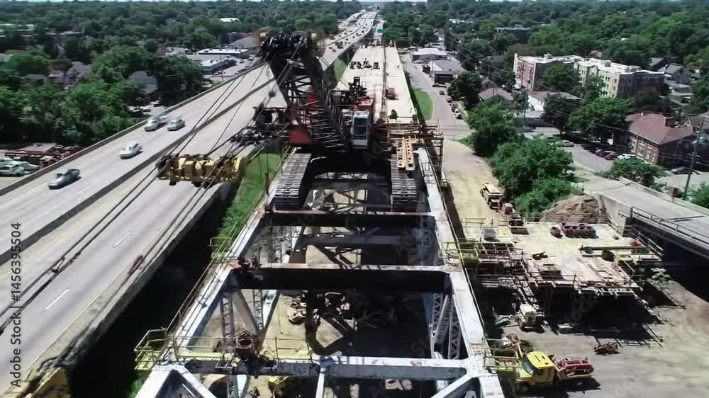 Bridge construction drone view. Sky view of crawler crane repair bridge over highway road. Dron view of new bridge construction over suburban road. Aerial view of bridge repair on highway road Bridge construction drone view. Sky view of crawler crane repair bridge over highway road. Dron view of new bridge construction over suburban road. Aerial view of bridge repair on highway road