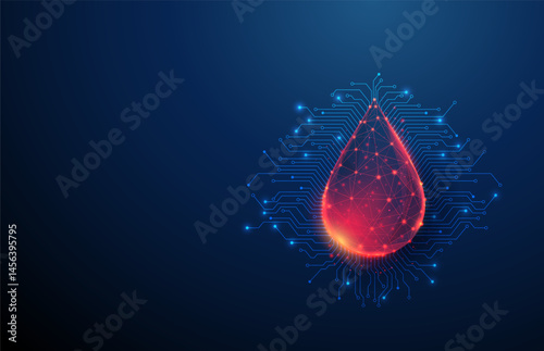 Futuristic human blood drop with electronic circuit lines background. Artificial intelligence, hematology technology, medical diagnostics. Low poly style
