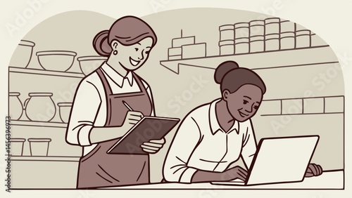 Vector hand-drawing, Two women collaborating business setting, one taking notes while other works laptop, showcasing teamwork and productivity