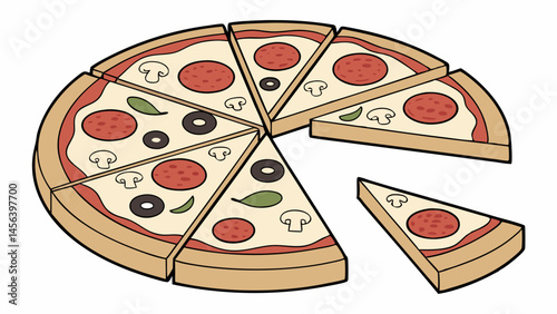 Vector Delicious pizza with pepperoni, olives, mushrooms, and green leaves, perfect for sharing with friends