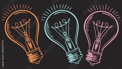 Vector hand-drawing, Brightly colored light bulbs in orange, blue, and pink showcase unique shapes and designs, adding playful touch to any space
