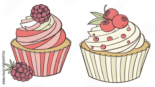 Vector Delicious cupcakes with pink and beige frosting, topped with berries, evoke sense of sweetness and joy