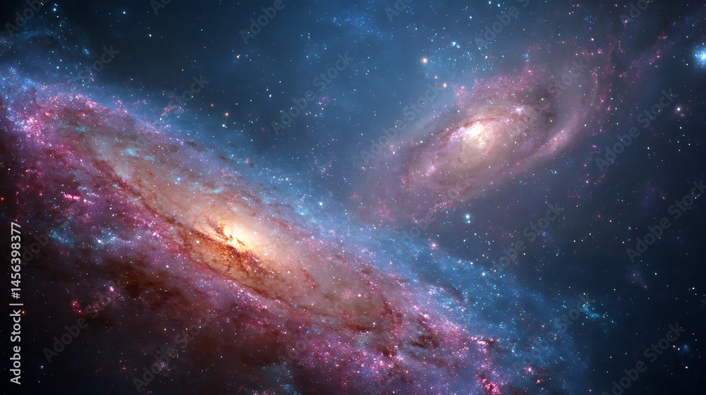 Fototapeta premium Dramatic view of two colorful galaxies in space
