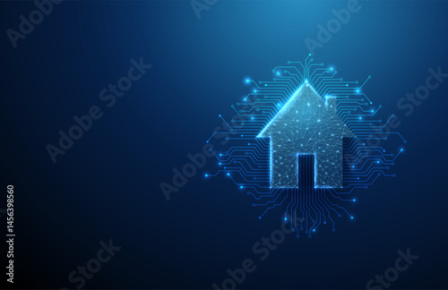 Futuristic smart house with electronic circuit lines background. Artificial intelligence, smart home systems, digital automation. Low poly style