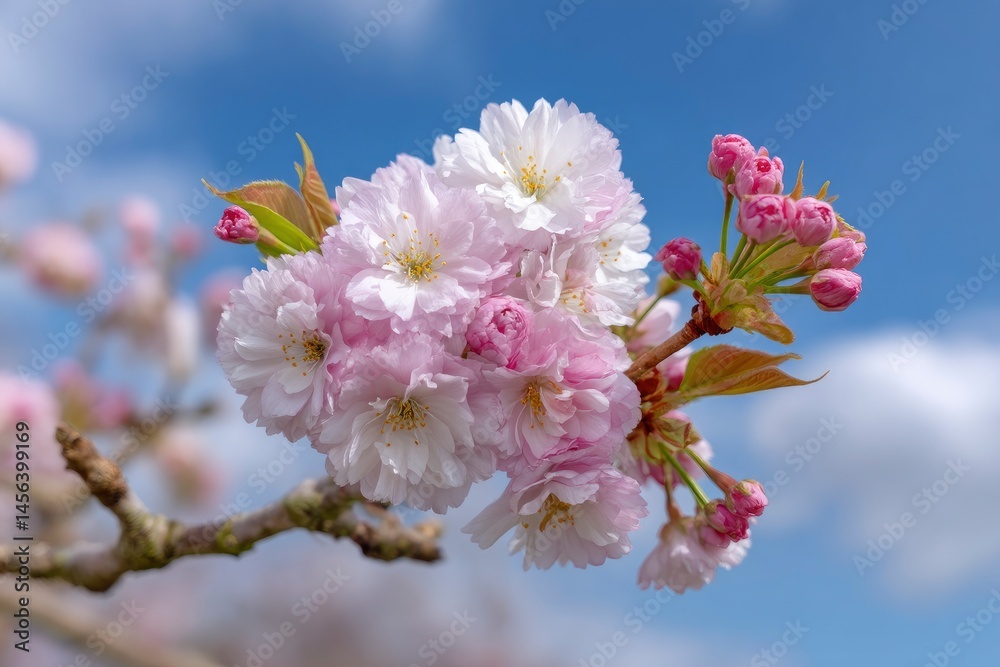 Cherry Blossom Bloom on Branch Against Blue Sky Cherry Blossom Bloom on Branch Against Blue Sky