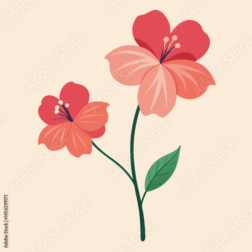 Elegant Coral Flowers with Green Leaf on Beige Background