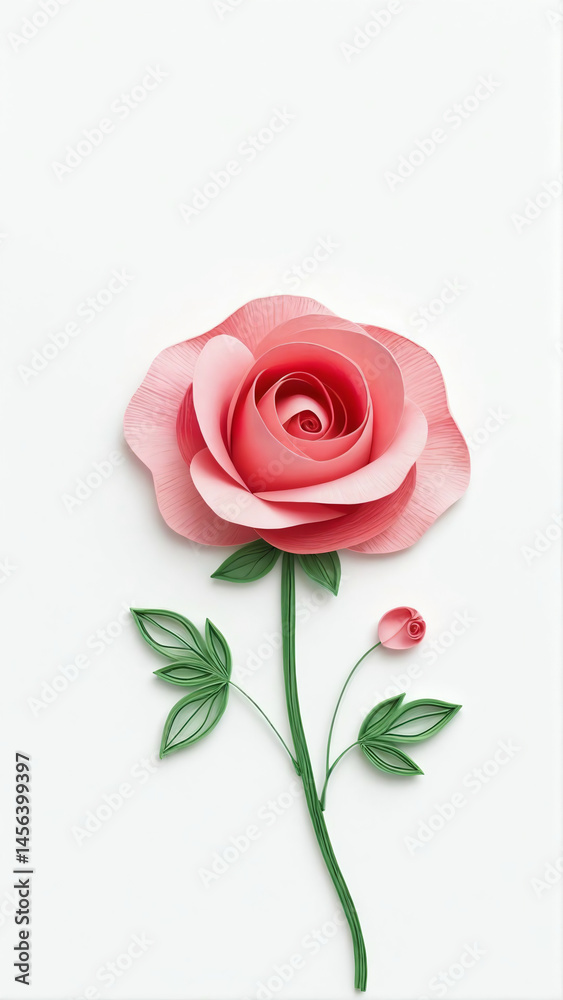Fototapeta premium Blooming Rose in Paper Quilling Style with Intricate Curled Paper Details on White Background.