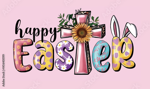 High resolution, hyper-realistic vector illustration in a clipart style featuring a cute, colorful cross with a sunflower and bunny ears inside the letters 