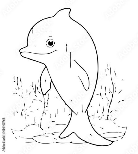 A cheerful dolphin stands on a seafloor amidst seaweed