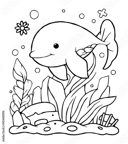 A cheerful whale swims amidst seaweed  bubbles a happy underwater scene