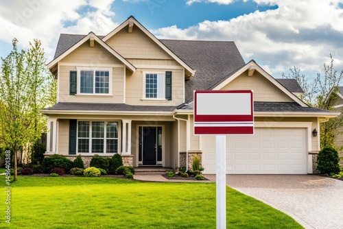 Blank real estate sign post in front of suburban house