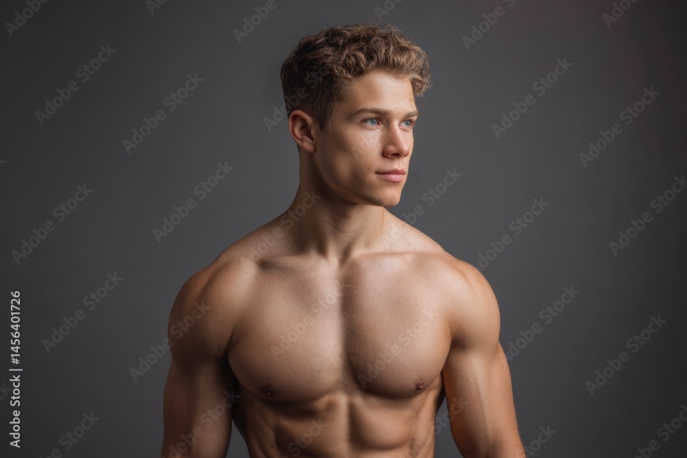 Fototapeta premium Muscular Man Looking Right on Gray Backdrop
