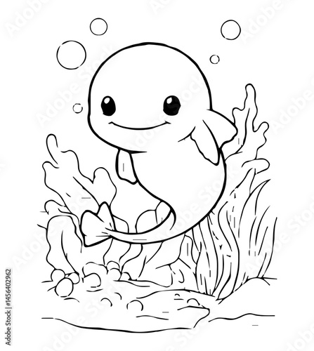 Cheerful cartoon beluga whale pup in underwater kelp forest smiling with playful bubbles