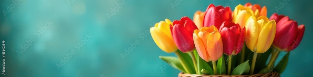 Obraz premium Vibrant tulips in a gift basket, spring blooms , spring, purple, blooms