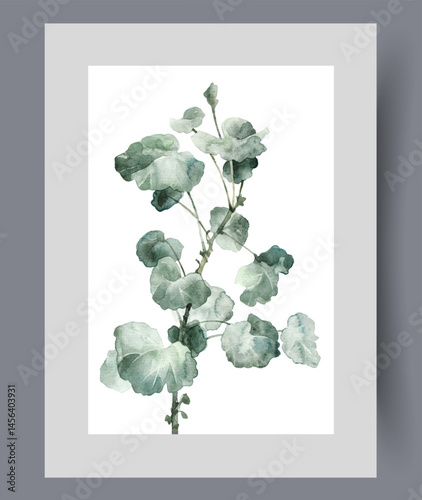 Plant with beautiful petals growing on single stem on wall art. Watercolor artwork. Poster with rare plant to illustrate book about flora or science of botany, in frame with decor for print