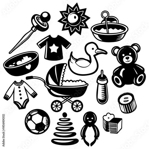 Baby toddler toys features. Teething relief, fine motor skills, hand eye coordination editable stroke outline icons set isolated on white background flat vector illustration. Pixel perfect
