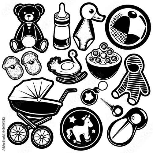 Baby toddler toys features. Teething relief, fine motor skills, hand eye coordination editable stroke outline icons set isolated on white background flat vector illustration. Pixel perfect
