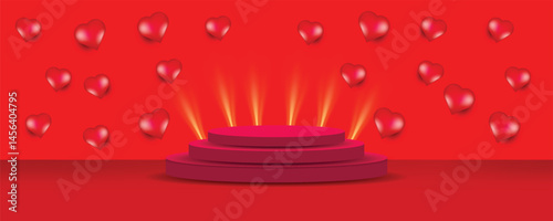 Love wallpaper with podium and heart shaped balloon's, can be used in Valentine business poster or invitation flyer, vector art illustration