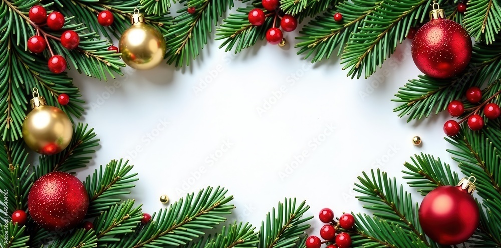 Elegant arrangement of pine, red berries, and gold ornaments, creating a charming Christmas frame , shimmer, image, berries Elegant arrangement of pine, red berries, and gold ornaments, creating a charming Christmas frame , shimmer, image, berries