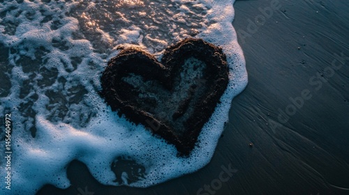 Dark Heart Shape in Ocean Wave Sand