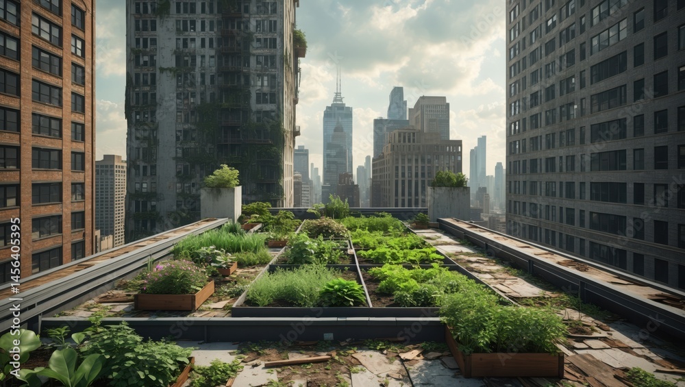 Fototapeta premium Rooftop Garden Amidst City Buildings