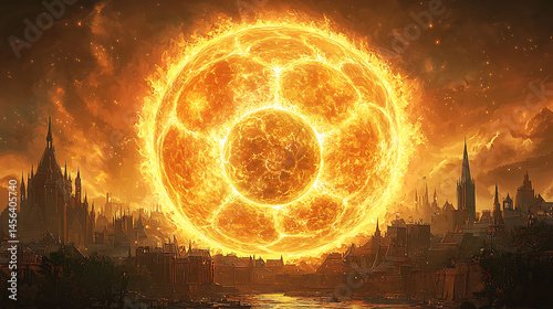 Epic fantasy artwork depicting a fiery celestial body looming over a medieval city.