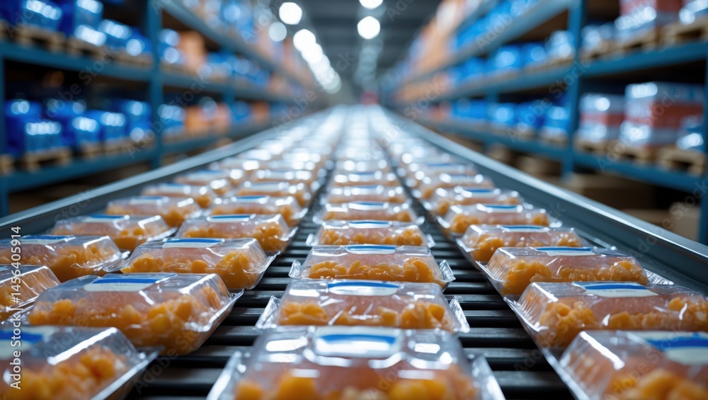 Obraz premium Canned peaches on conveyor belt in factory warehouse