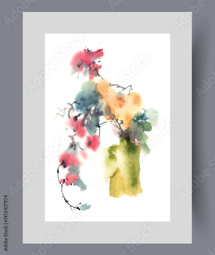 Dried flowers with bright buds in vase for eco-friendly interior decoration on print. Watercolor poster. Artwork with bouquet of dried flowers on branch, in frame with decor for wall art