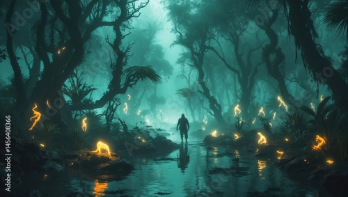 Figure walks through Eerie Forest with Floating Lights