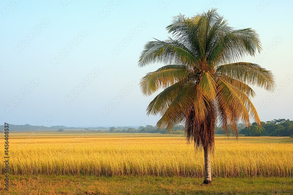 Golden rice field with palm tree Golden rice field with palm tree
