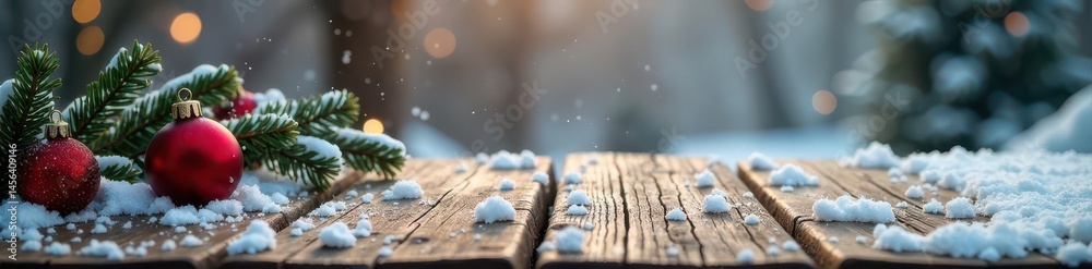 Obraz premium Rustic wooden table, snowy Christmas scene, copy space , space, image, grey