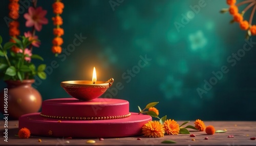 Diya lamp on podium with marigold flowers, traditional Indian background Festive Vishu, Ugadi, Gudi Padwa, Diwali backdrop , harvest, autumnal, celebration