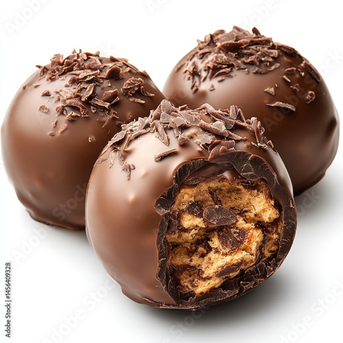Chocolate truffles, close-up.  Three rich, dark chocolate truffles, one broken open to reveal a creamy filling