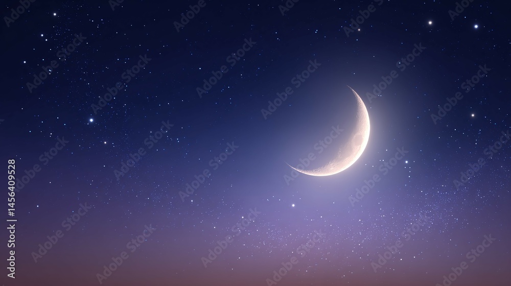 Naklejka premium Crescent moon shines brightly in a dark blue and purple starry night sky.