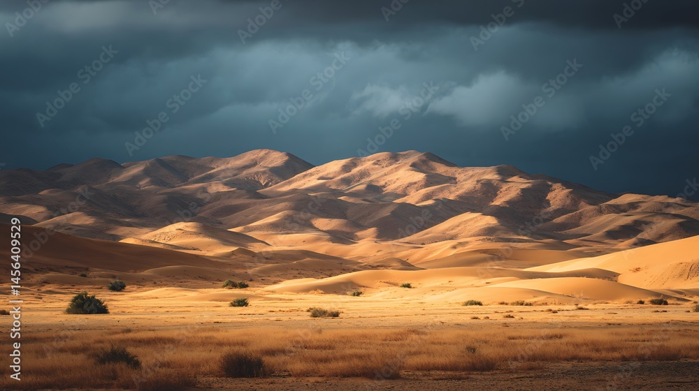 Fototapeta premium Golden dunes contrast dramatic stormy desert sky