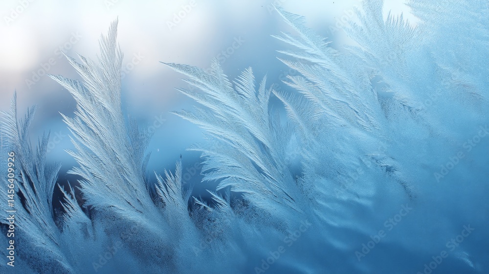 Obraz premium Intricate frost patterns elegantly form on the windowpane, illuminated by soft blue light, capturing the beauty of winter's chill in the early morning