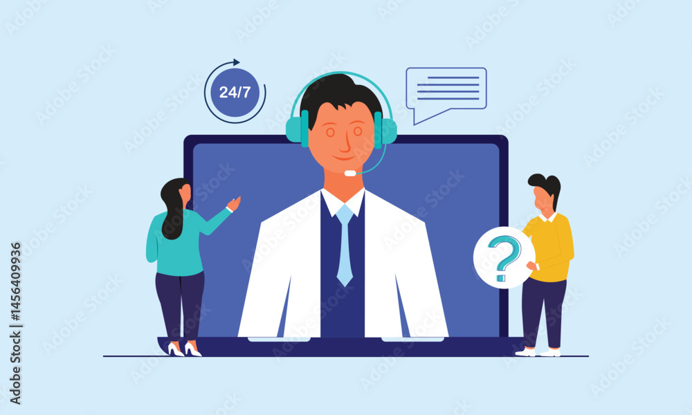 Call center operator and customer, support service concept Call center operator and customer, support service concept