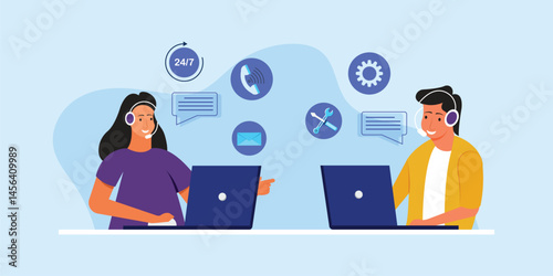 Customer service online. Hotline operators with headphones and microphone advises customers. Call center, client assistance