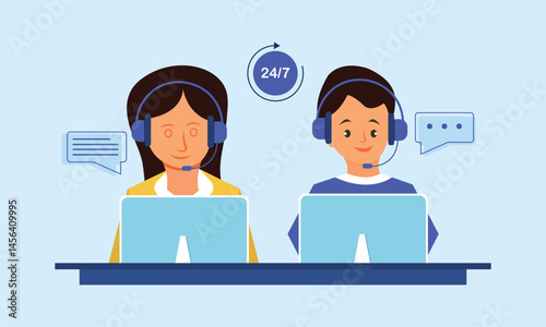 Customer service agents with headphones microphone and computer customer service support or call center concept
