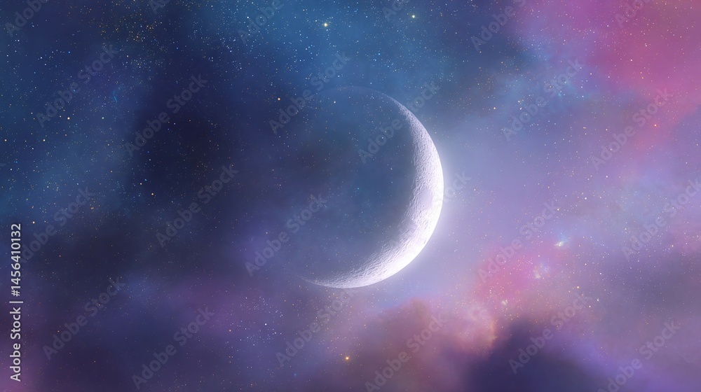 Fototapeta premium Crescent moon in a colorful cloudy sky with stars.