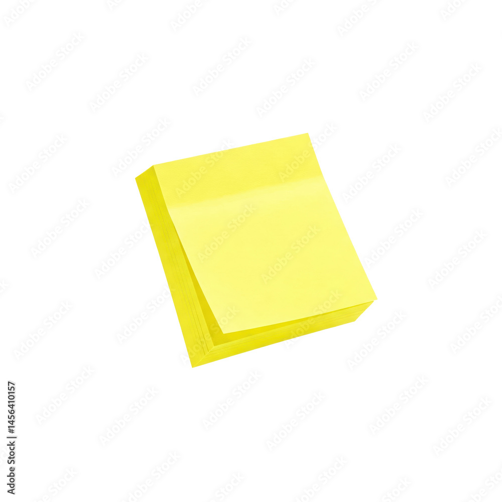 Vertically upright sticky notes pad (yellow) floating in mid-air on a solid white background Vertically upright sticky notes pad (yellow) floating in mid-air on a solid white background