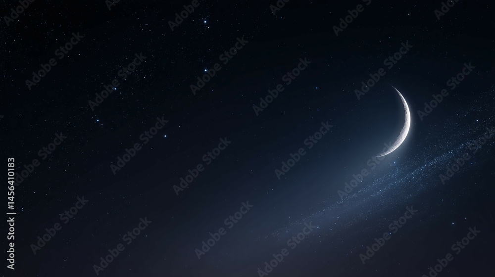 Fototapeta premium Crescent moon shines brightly in a dark night sky with scattered stars.