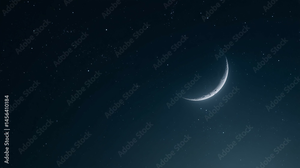 Fototapeta premium Crescent moon shines brightly in a dark night sky with scattered stars.