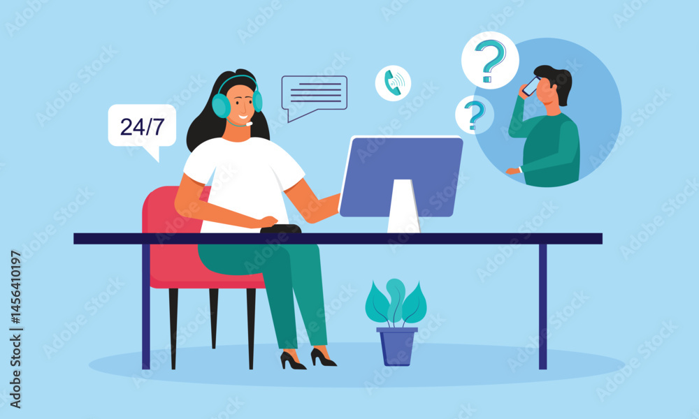 Customer woman service representative assisting a client over the phone or via chat character vector illustration design. customer service support concept