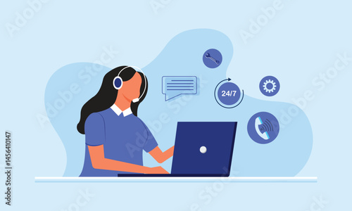 Customer service. Woman operators call center with headphones and microphone with laptop