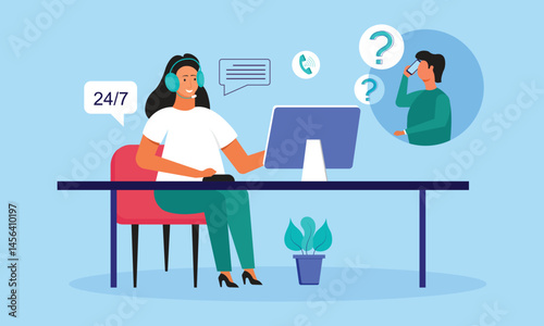 Customer woman service representative assisting a client over the phone or via chat character vector illustration design. customer service support concept