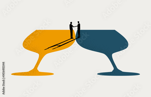 two businessmen shaking hands on wine glasses clinking, building business relationship, finding business partner concept, minimal business design.
'