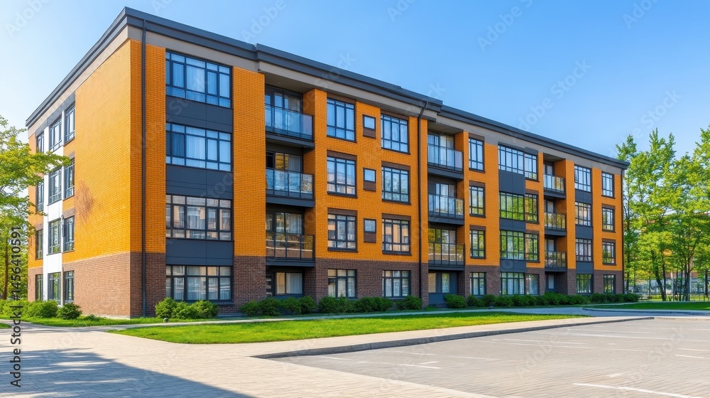 Fototapeta premium Contemporary apartment building facade with modern design elemen